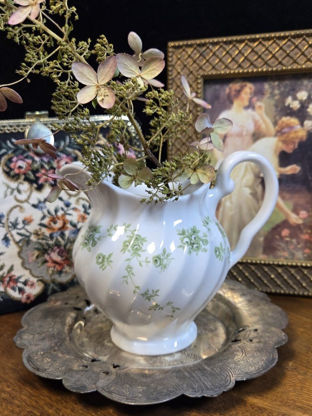 Made in England Green Rose Floral Creamer Jug - Vintage